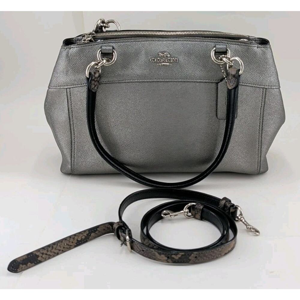 COACH Brooke Carryall F38880 Metallic Platinum Silver Leather Satchel Snake Bag